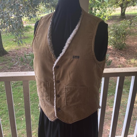 Vintage 1970's Wrangler Tan Corduroy Vest Sherpa Lined - Picture 1 of 8